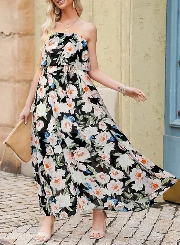 Vista 5 de Dokotoo Vestidos sin tirantes para mujer, casual, de verano, cintura alta, con abertura lateral, estilo bohemio, maxi vestido