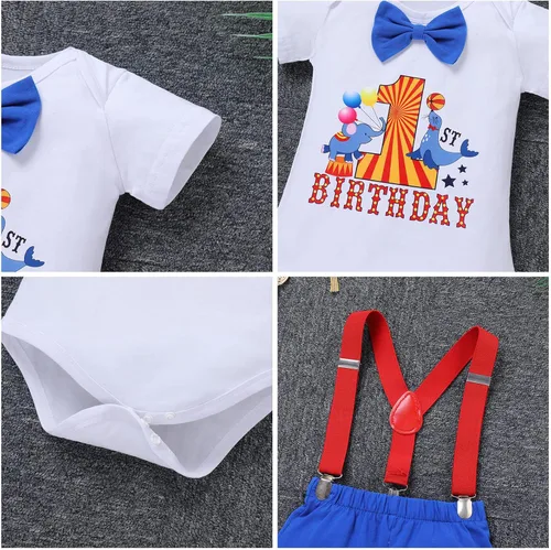 Vista 5 de IBTOM CASTLE Disfraz de carnaval de circo para el primer cumpleaños con temática de carnaval para bebé niño con tirantes y pajarita, sombrero