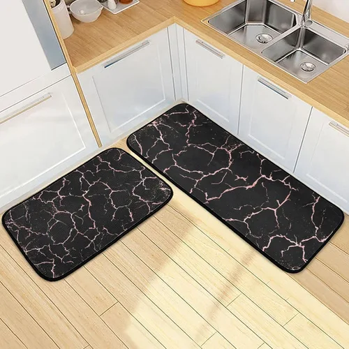 Vista 20 de Juego de 2 tapetes de cocina con rosas rojas, color rojo rosa, suave, antifatiga, juego de tapetes de cocina color negro con flores antideslizantes