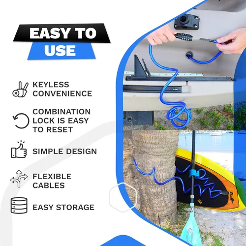 Vista 5 de DocksLocks Candado de cable de seguridad en espiral resistente a la intemperie (5 pies a 25 pies de longitud) con combinación reiniciable