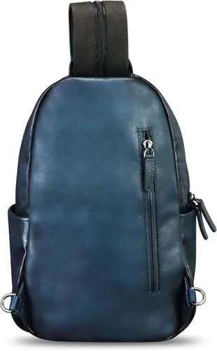 Vista 7 de Bolso de cuero genuino para hombres y mujeres, mochila grande tipo bandolera para iPad Pro de 12.9 pulgadas, Azul marino, Mediana