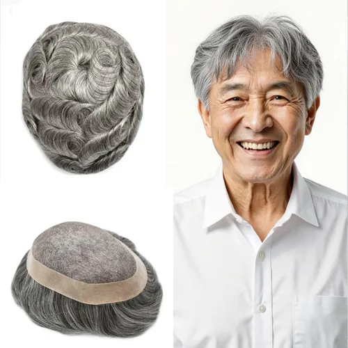Vista 55 de Mens Toupee Hair Piece Real Human Hair Fine Mono Toupee para hombres Sistema de reemplazo de cabello para hombre Postizo Protesis Capilar Para