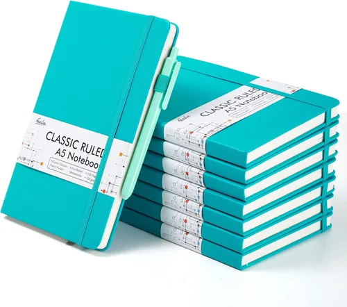 Vista 11 de feela Paquete de 8 cuadernos a granel para la escuela, cuadernos de negocios de tapa dura, diarios clásicos rayados con soporte para bolígrafo