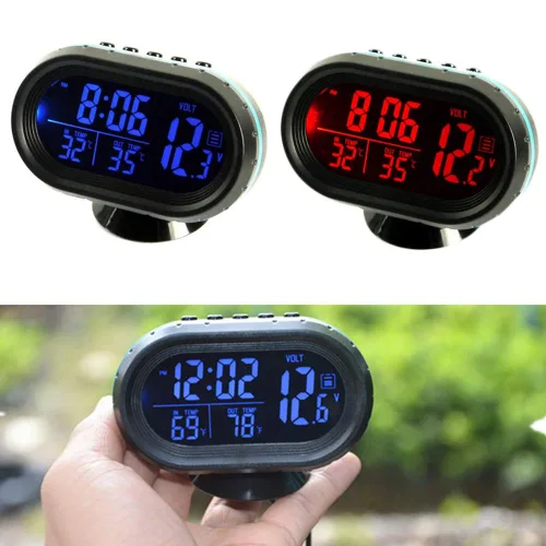 Vista 2 de MASO - Termómetro de coche LCD Digital Clock – MASO 12-24V Multifuncional Temperatura Voltímetro Medidor Electrónico Reloj Alarma Monitor con 2