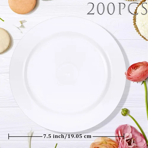 Vista 2 de Sieral 200 platos desechables de plástico con borde, platos de plástico duro para ensalada y postre de 7.5 pulgadas, platos resistentes para cenas