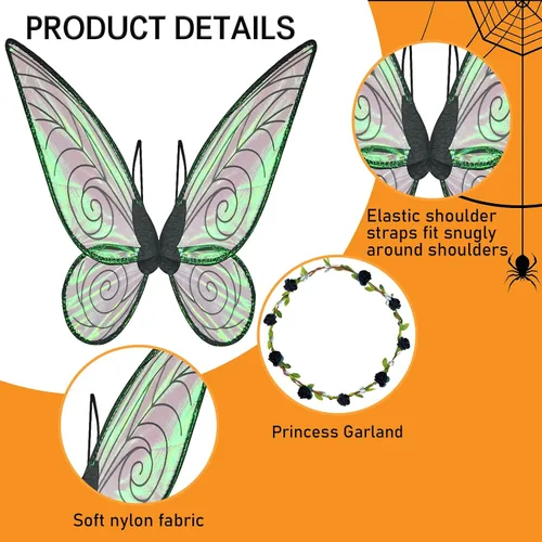 Vista 3 de U-Goforst Alas de hadas de mariposa para adultos disfraz de alas de ángel brillantes para mujeres y niñas accesorio de cosplay con corona de flores