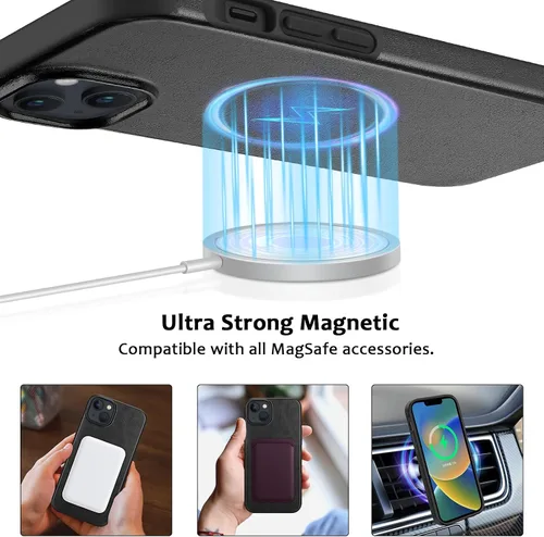 Vista 4 de Funda magnética ZZDZZ compatible con iPhone 14 Plus [Compatible con Magsafe] Diseño de cuero premium TPU híbrido a prueba de golpes (Negro)