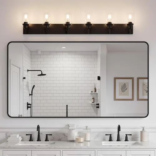 Vista 8 de Lámpara de tocador de baño negra de 6 luces con pantallas de vidrio Negro - Pantalla de vidrio transparente