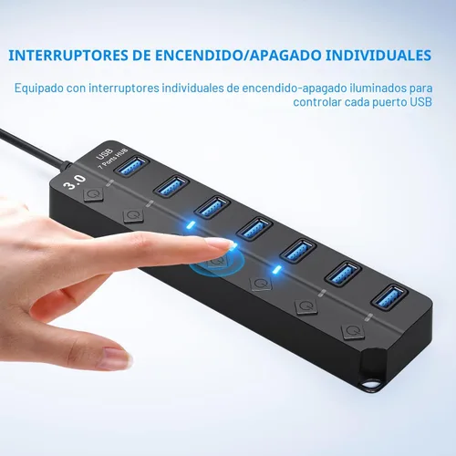 Vista 5 de ONFINIO Hub USB 3.0, divisor de concentrador USB de 7 puertos con interruptores individuales de encendido/apagado y luces, cable de 3.2 pies/1m