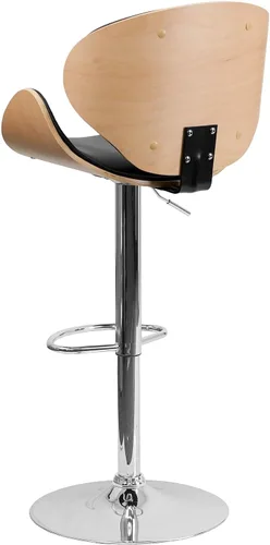 Vista 6 de Taburete de bar Flash Furniture de madera de haya con altura ajustable y asiento y respaldo de vinilo negro curvado, Espuma Madera Vinilo, Hayedo