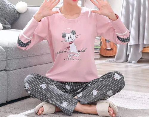 Vista 5 de Vopmocld Conjunto de pijama de gatos lindos para niñas grandes, 2 piezas, ropa de dormir de algodón para invierno