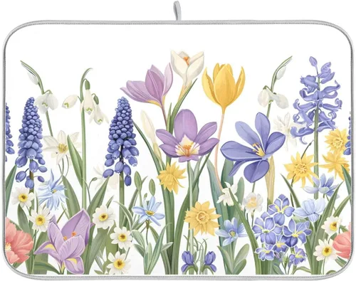 Vista 18 de Tapete de secado de platos, girasoles en madera, tapete de secado reversible absorbente de flores, tapete de secado de platos, tapete para secar