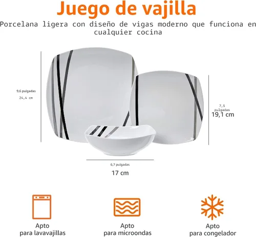 Vista 6 de Amazon Basics - Juego de vajilla de cocina de 18 piezas (platos y tazones cuadrados), servicio para 6 - Rayas modernas