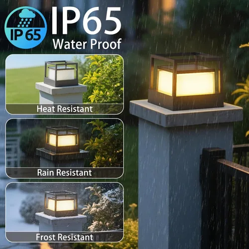 Vista 2 de Luces de poste solares al aire libre, lámpara de poste solar de 6.3" de crepúsculo al amanecer, luces de pilar impermeables Ip65, 3000k, aluminio