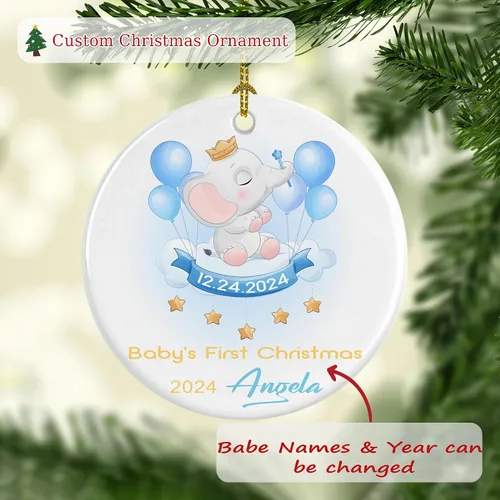 Vista 2 de Adornos personalizados para la primera Navidad del bebé 2024 con nombre y texto, adorno de elefante personalizado para bebés recién nacidos
