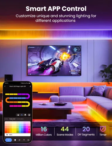 Vista 3 de Tira de luz LED RGB+IC, luz LED inteligente de 32.8 pies para dormitorio, control de aplicación Bluetooth, tira de iluminación LED que cambia