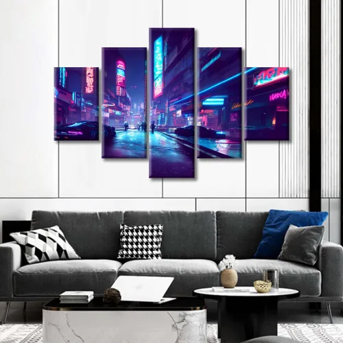 Vista 278 de Cuadros de 5 paneles de Cyberpunk City, arte de pared, representación de vallas publicitarias, edificios modernos en la capital con obras de arte