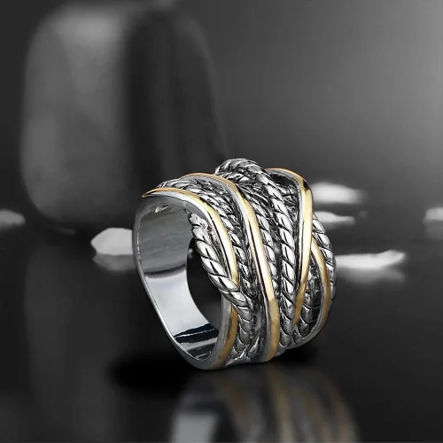 Vista 6 de Mytys - Anillos de banda ancha trenzados, anillo de cuerda torcida, anillos de declaración trenzados de dos tonos de metal mixto, joyería de moda
