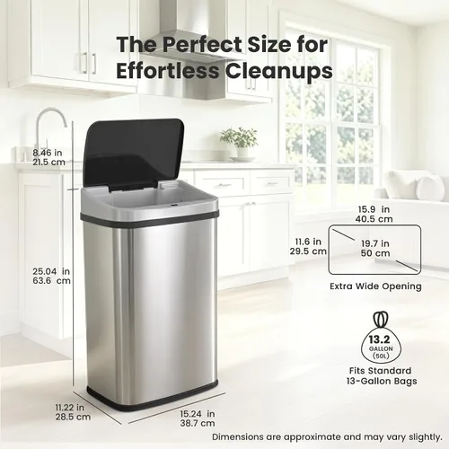 Vista 8 de Ninestars DZT-50-28BR - Bote de basura rectangular con sensor de movimiento automático sin contacto, parte superior negra, 13 galones, 49 L, cepillo