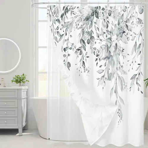 Vista 26 de Gibelle - Cortina de ducha para ducha pequeña 36 x 72, cortina de ducha estrecha con flores blancas y negras, juego de cortina de ducha de tela