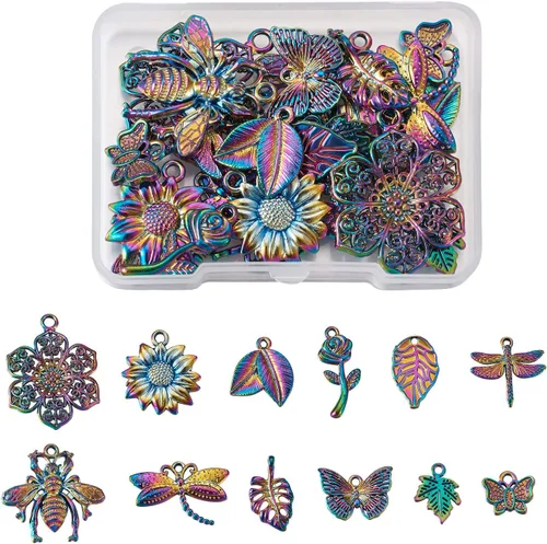 Vista 31 de FASHEWELRY 50 piezas de conectores de filigrana de mariposa de acero inoxidable, adornos de metal grabados con arco iris para fabricación de joyas