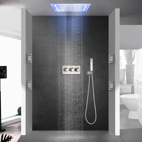 Vista 7 de Juego de sistema de ducha de lluvia de lujo, montado en techo, 14 x 20 pulgadas, grifo rectangular de ducha de lluvia con control LED, spa, baño