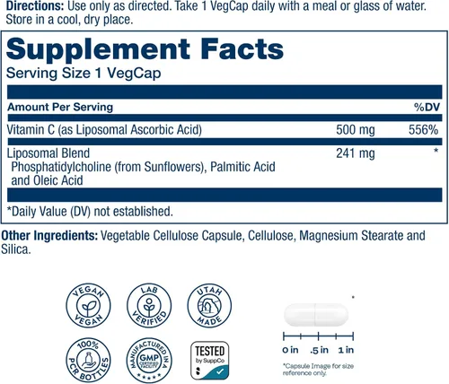 Vista 2 de Solaray Vitamina C liposomal 500 mg Sistema inmunológico saludable, síntesis de colágeno y soporte antioxidante Tamponado con ácidos grasos