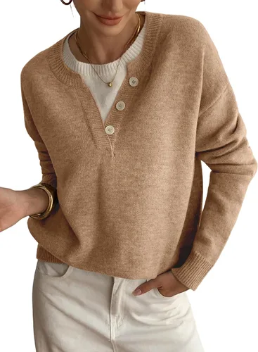 Vista 18 de SOLY HUX Suéteres Pullover para Mujer de Manga Larga con Botones Cuello Redondo 2 en 1 Tops de Punto Holgados Albaricoque puro
