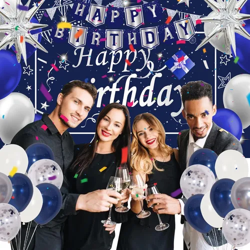 Vista 2 de Decoraciones de cumpleaños azul marino para hombres, niños, mujeres y niñas, 80 piezas de decoraciones de fiesta azules y plateadas, telón de fondo