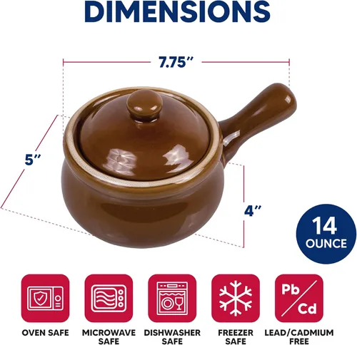 Vista 6 de HIC Kitchen Crocks de sopa de cebolla francesa con asas y tapas, cerámica de cerámica, marrón, 14 onzas, juego de 4