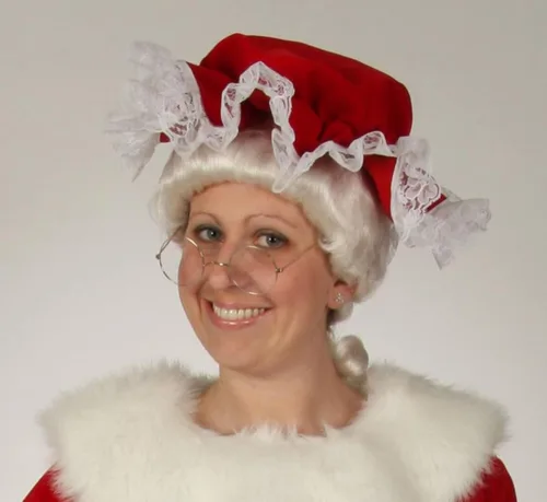 Vista 5 de Halco Mrs Claus Regal Velvet Red Mob Gorra Premium 7952 con ribete blanco de encaje banda elástica Mob Santa Wife