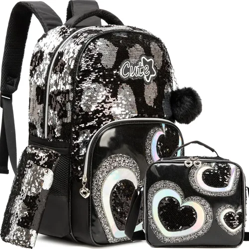 Vista 31 de Mochila para niñas de 16 pulgadas, mochilas para niñas para la escuela, mochila de lentejuelas con lonchera para estudiantes de primaria