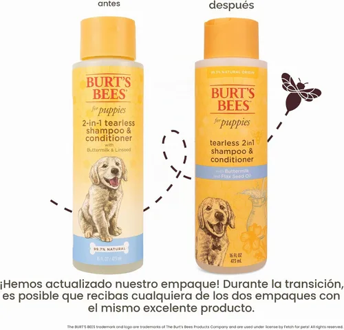 Vista 2 de Champú 2 en 1 Burts Bees para perrito, no irrita los ojos, paquete de de 1 La fórmula suave 2 en 1 limpia y acondiciona la piel y el pelaje