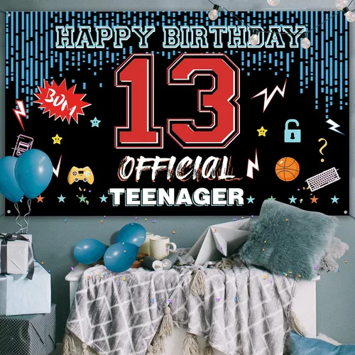Vista 5 de Cartel oficial de telón de fondo para puerta de cumpleaños de 13 años, decoraciones de feliz cumpleaños para niños y niñas, rojo y azul de 13 años