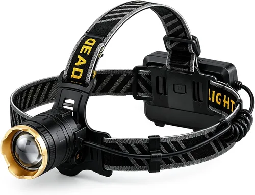 Vista 8 de Linterna frontal LED recargable, 2000 lúmenes, ajustable a 90°, impermeable IP68, 5 modos de luz con sensor, zoom, cable de carga USB y clips