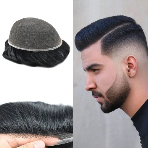 Vista 13 de Toupee para hombres Piezas de cabello humano real, encaje francés completo para hombres, pieza de cabello, nudos blanqueados, línea capilar natural