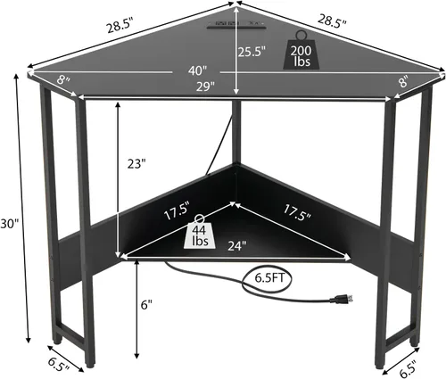Vista 3 de Tangkula Escritorio esquinero con toma de corriente y puertos USB, escritorio triangular para computadora con estación de carga, estante de Negro
