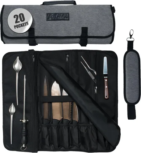 Vista 7 de Asaya Bolsa enrollable para cuchillos de chef, 20 bolsillos en total para cuchillos y utensilios de cocina, fabricada con nailon encerado resistente