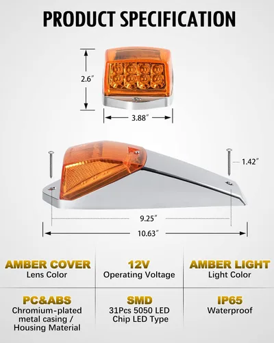 Vista 7 de Partsam 31LED - Luz de marcador de cabina ámbar impermeable para techo superior, compatible con Peterbilt/Kenworth/Freightliner/ Western