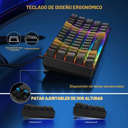 Vista 4 de BlueFinger Combo de teclado y mouse mecánicos para juegos 60% – Teclado RGB con retroiluminación arcoíris de 61 teclas con interruptor rojo y 4 DPI
