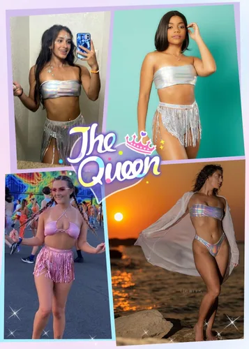 Vista 4 de Trajes de rave para mujer EDC Festival metálico holográfico body bandeau top lentejuelas borlas falda 3 piezas bikini