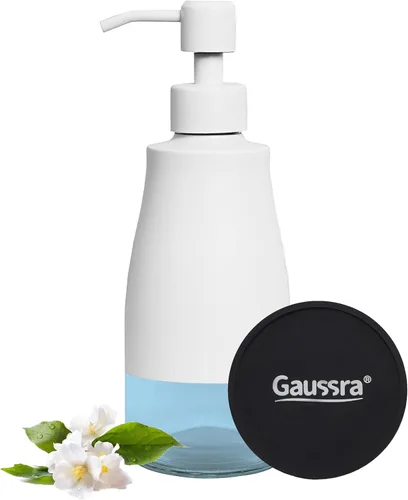 Vista 13 de Gaussra Dispensador de jabón con posavasos y calcomanías, dispensador de bomba de mano de vidrio de acero inoxidable dorado cepillado, botella