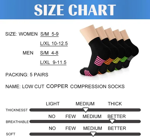 Vista 6 de 5 pares de calcetines de compresión de cobre para mujeres y hombres, calcetines de tobillo para fascitis plantar con soporte de arco para atletismo