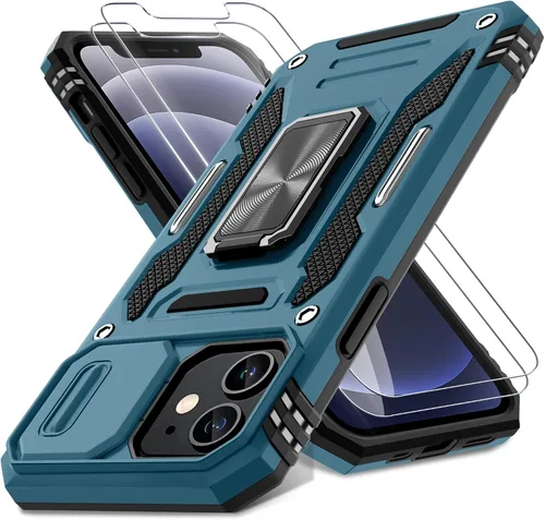 Vista 11 de DEERLAMN Funda para iPhone 12/12 Pro con cubierta deslizante para cámara + protector de pantalla (2 unidades), soporte de anillo giratorio de grado