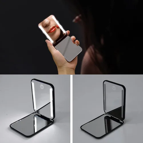 Vista 3 de Kintion Espejo de bolsillo recargable, espejo de tocador compacto de doble cara con aumento 1X/3X, 3 luces de color, regulable, pequeño espejo