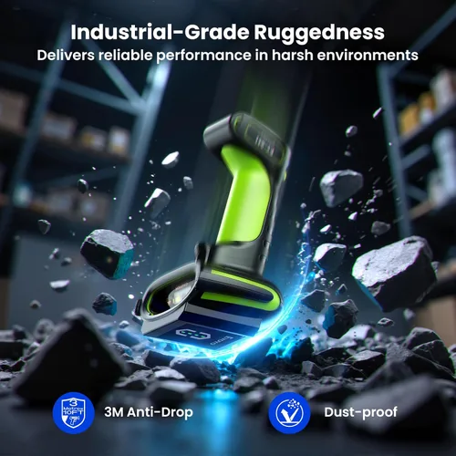 Vista 2 de Eyoyo Escáner de código de barras inalámbrico industrial: escáner Bluetooth impermeable 3 en 1 con base de carga e indicador de batería, lector