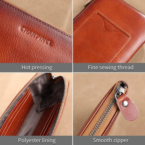 Vista 6 de Cartera de cuero genuino con cremallera para hombre. Hay 6 tarjetas bancarias dentro de la bolsa del teléfono móvil y 1 ranura para tarjetas