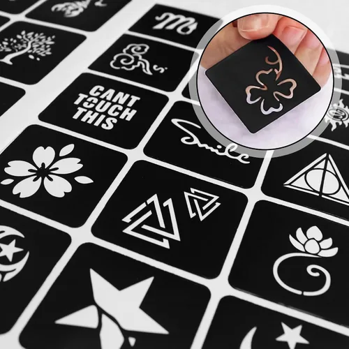 Vista 5 de 16 hojas de plantillas de tatuaje de henna reutilizables para mujeres, niñas y niños, más de 220 plantillas de tatuaje, plantilla de tatuaje