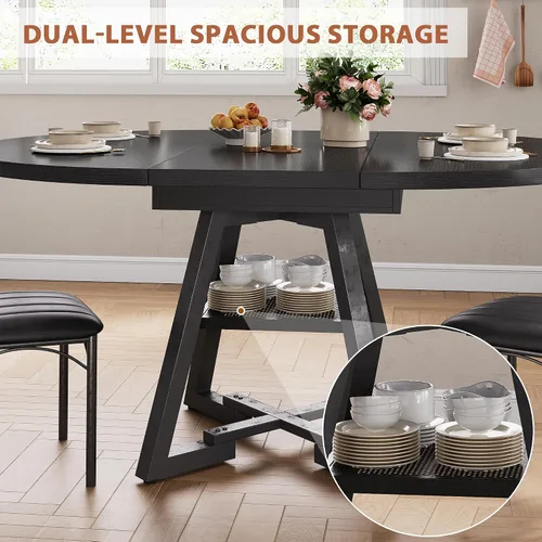 Vista 7 de Mesa de comedor redonda extensible de 43 a 57 pulgadas para 4-6, moderna mesa de comedor ovalada de cocina industrial con hojas extraíbles, base