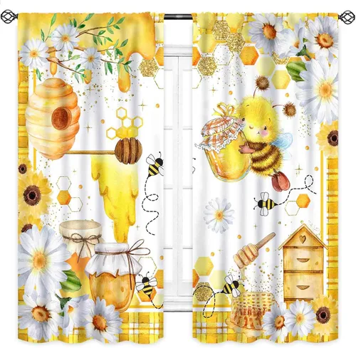 Vista 3 de Cortinas infantiles de abejas, cortinas de campo de primavera de acuarela de girasoles florales de nido de abeja, adorables abejas, cortinas